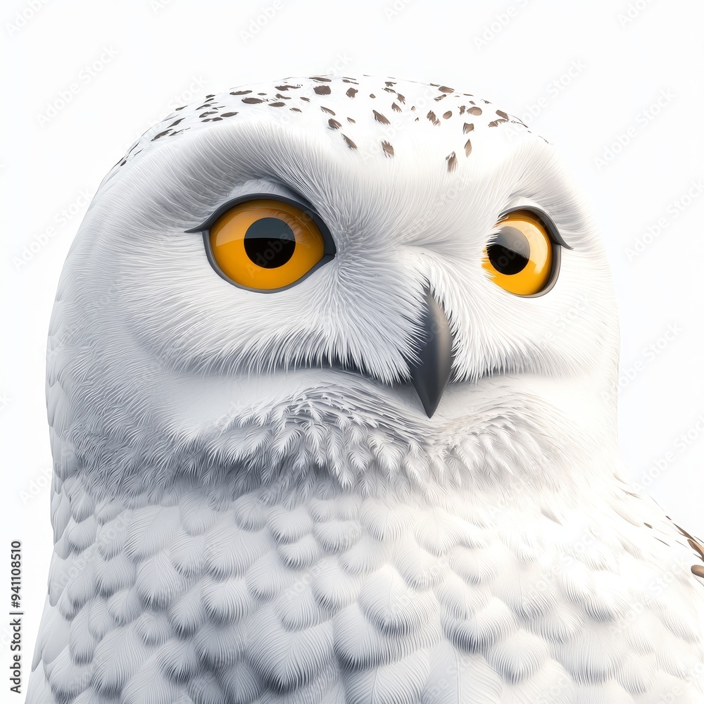 Obraz premium Close-up of a majestic snow owl with striking yellow eyes and detailed feathers, showcasing its beauty and elegance in nature. Isolated on white background.