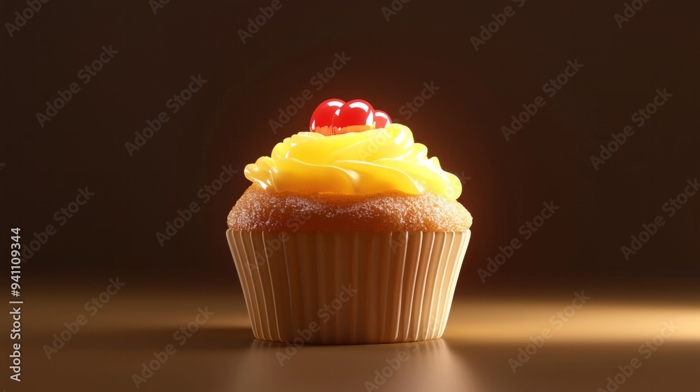 A close up of a yellow cupcake with a cherry on top A close up of a yellow cupcake with a cherry on top