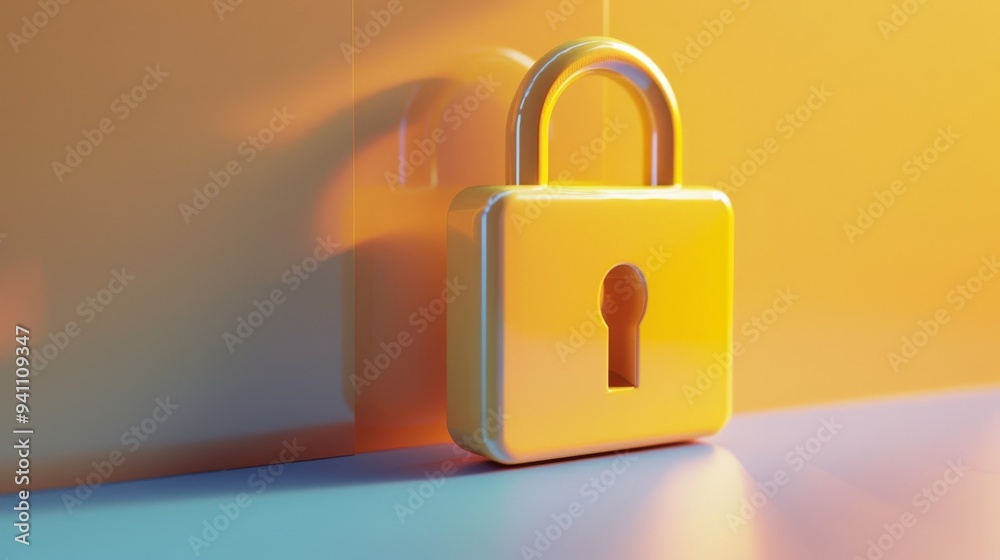 Naklejka premium A vibrant yellow padlock against a warm gradient background symbolizes security and modern digital protection in a playful design.
