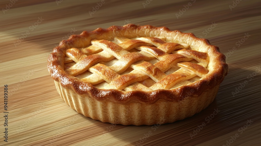 A pie with a lattice crust sits on a wooden table A pie with a lattice crust sits on a wooden table
