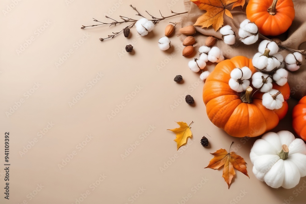 Pumpkins, Cotton Balls, and Fall Leaves on Beige Background Pumpkins, Cotton Balls, and Fall Leaves on Beige Background
