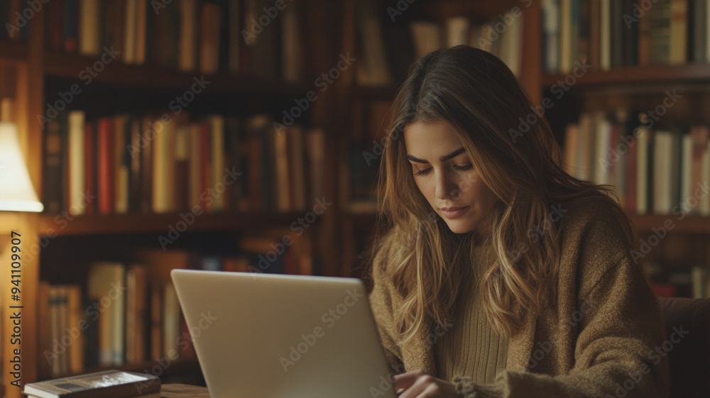 A woman is sitting at a desk with a laptop open in front of her A woman is sitting at a desk with a laptop open in front of her