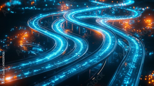 Night view of illuminated highways with bright blue and orange lights