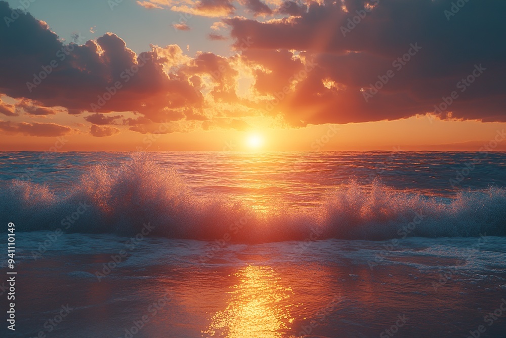 Fototapeta premium A vibrant sunset over the ocean, with the waves gently lapping the shore