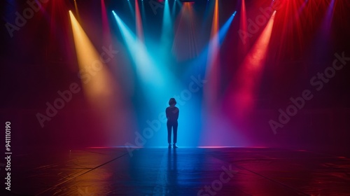 A lone figure stands on stage bathed in vibrant stage lights of blue, red, and yellow, capturing a moment of dramatic anticipation and solitude.
