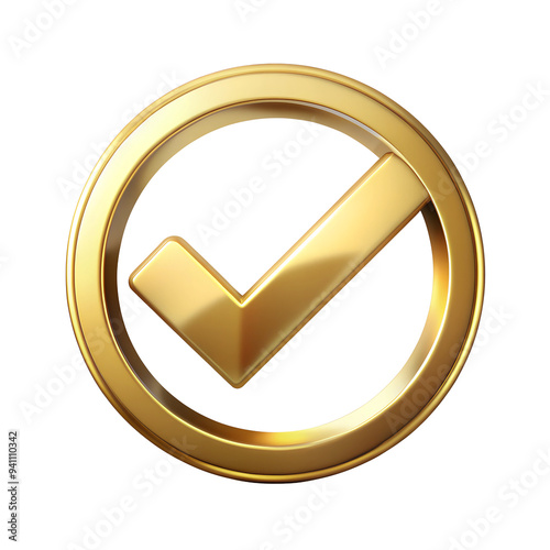 Golden Checkmark Icon Inside Circle, isolated on white transparent background, png element photo