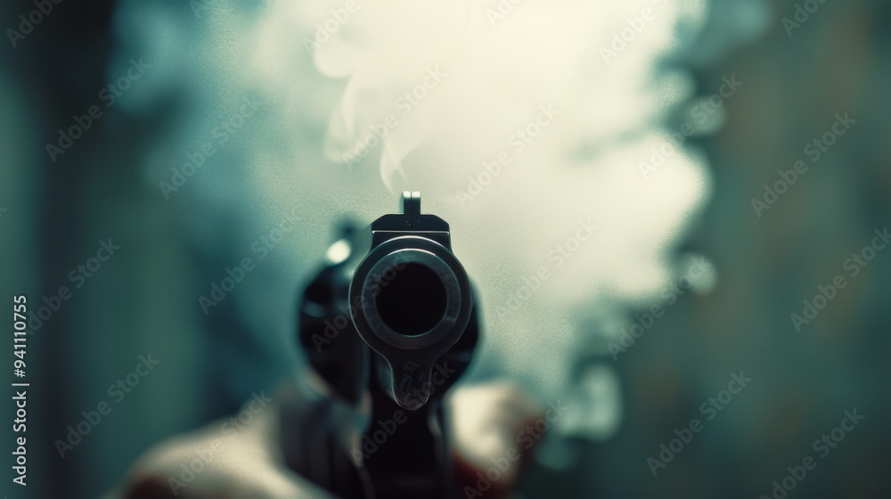 A menacing close-up of a gun's barrel with smoke curling out, creating a sense of tension and danger. A menacing close-up of a gun's barrel with smoke curling out, creating a sense of tension and danger.