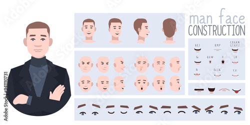 Business office worker man constructor suitable for animation. Generator of diverse eyes, lips, emotion expressions mouth animation and lip sync. Young man character face and upper body construction.