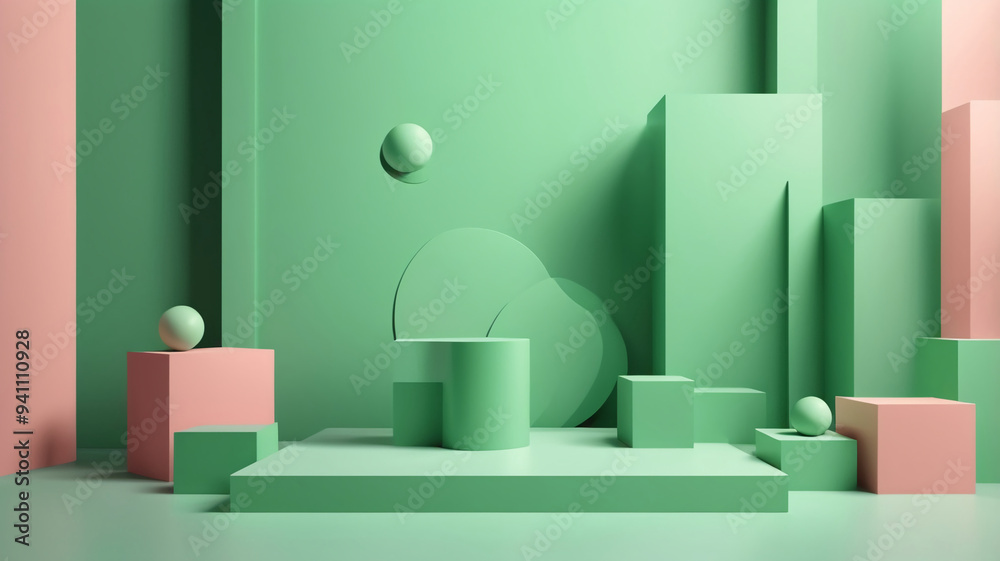 3d geometric shapes. The podium box is green. 3d geometric shapes. The podium box is green.