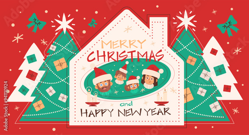 Retro Merry Christmas and Happy New Year family greeting postcard. Vector cartoon illustration