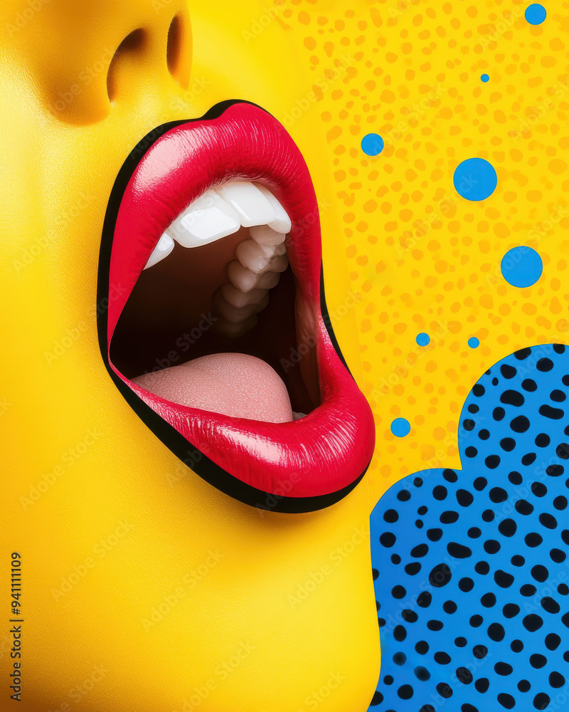 Obraz premium Bold and vibrant artwork featuring a mouth with bright red lips against a colorful background, emphasizing fun and expression.