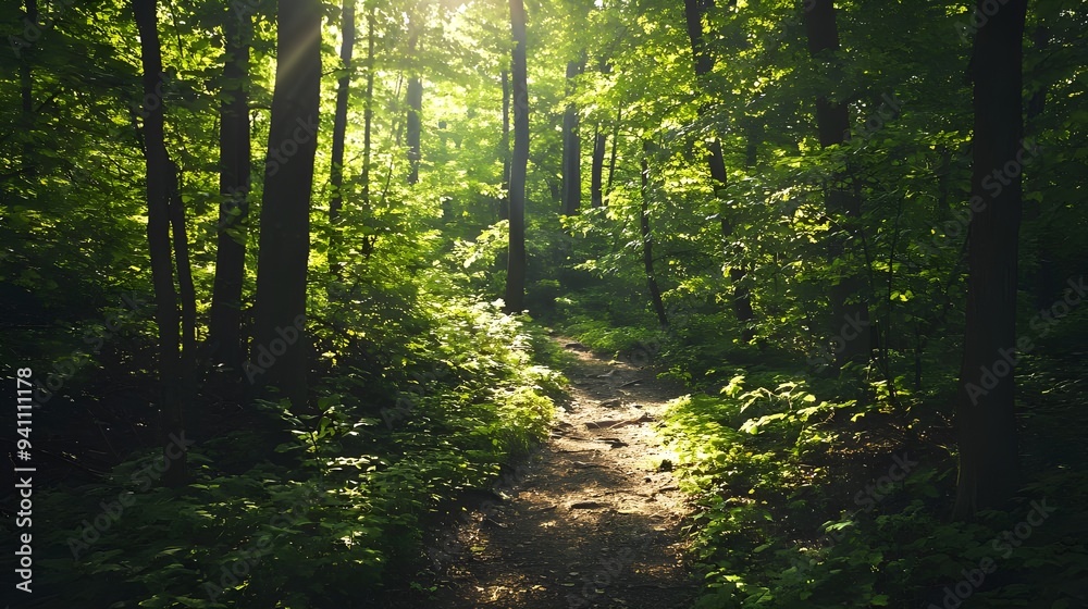 Images of lush green forest trails with sunlight filtering through the trees, showcasing dense foliage and serene paths. Great for outdoor adventure content and environmental campaigns. Images of lush green forest trails with sunlight filtering through the trees, showcasing dense foliage and serene paths. Great for outdoor adventure content and environmental campaigns.