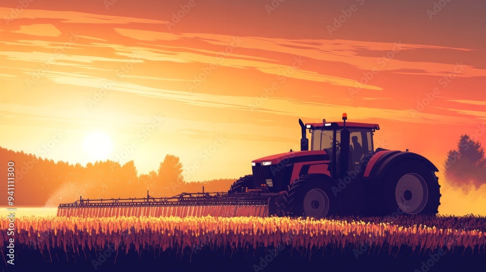 Fototapeta premium A red tractor is driving through a field of tall grass
