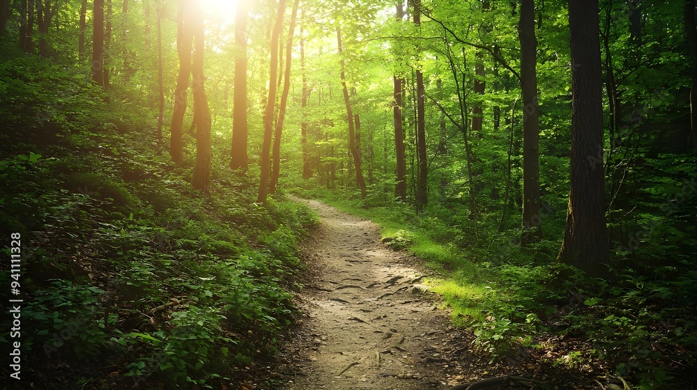 Obraz premium Images of lush green forest trails with sunlight filtering through the trees, showcasing dense foliage and serene paths. Great for outdoor adventure content and environmental campaigns.