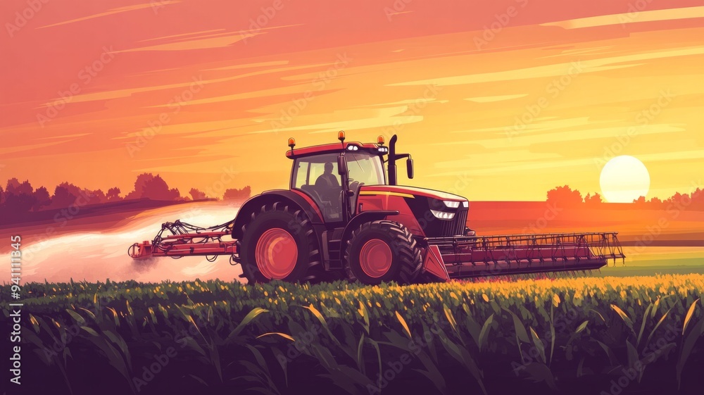 Fototapeta premium A red tractor is spraying a field with water