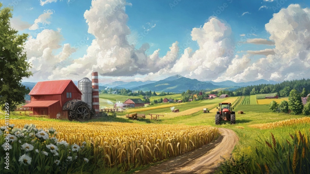 A farm scene with a red barn and a tractor driving down a dirt road