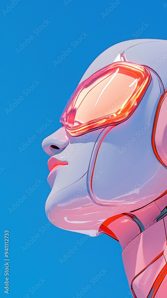 Futuristic robot with sleek design and vibrant glasses, set against a clear blue sky, showcasing advanced technology and style. Futuristic robot with sleek design and vibrant glasses, set against a clear blue sky, showcasing advanced technology and style.