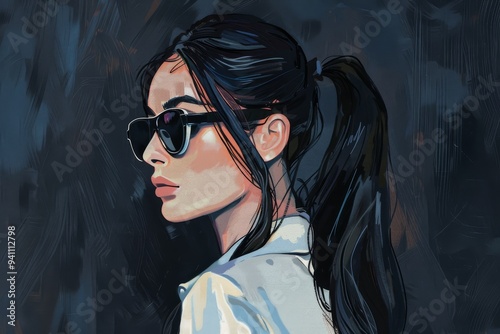 Stylish Woman With Long Black Hair Wearing Sunglasses and a Ponytail on a Dark Background photo