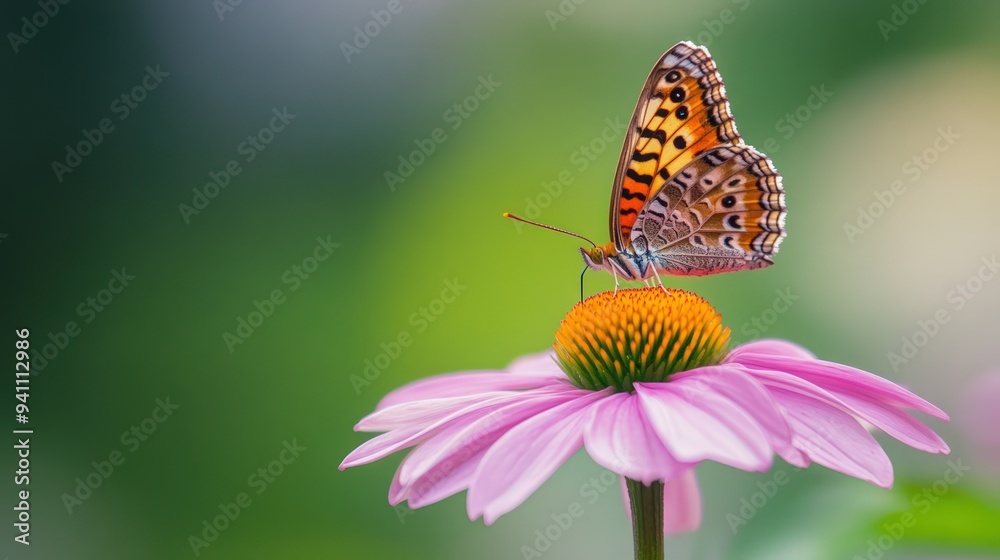 A colorful butterfly perched on a pink flower with a green background.