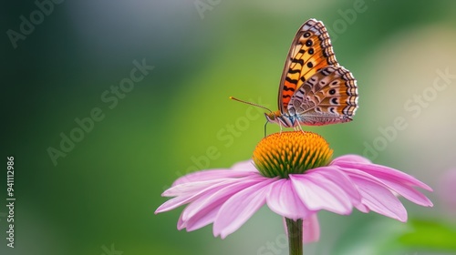 A colorful butterfly perched on a pink flower with a green background.