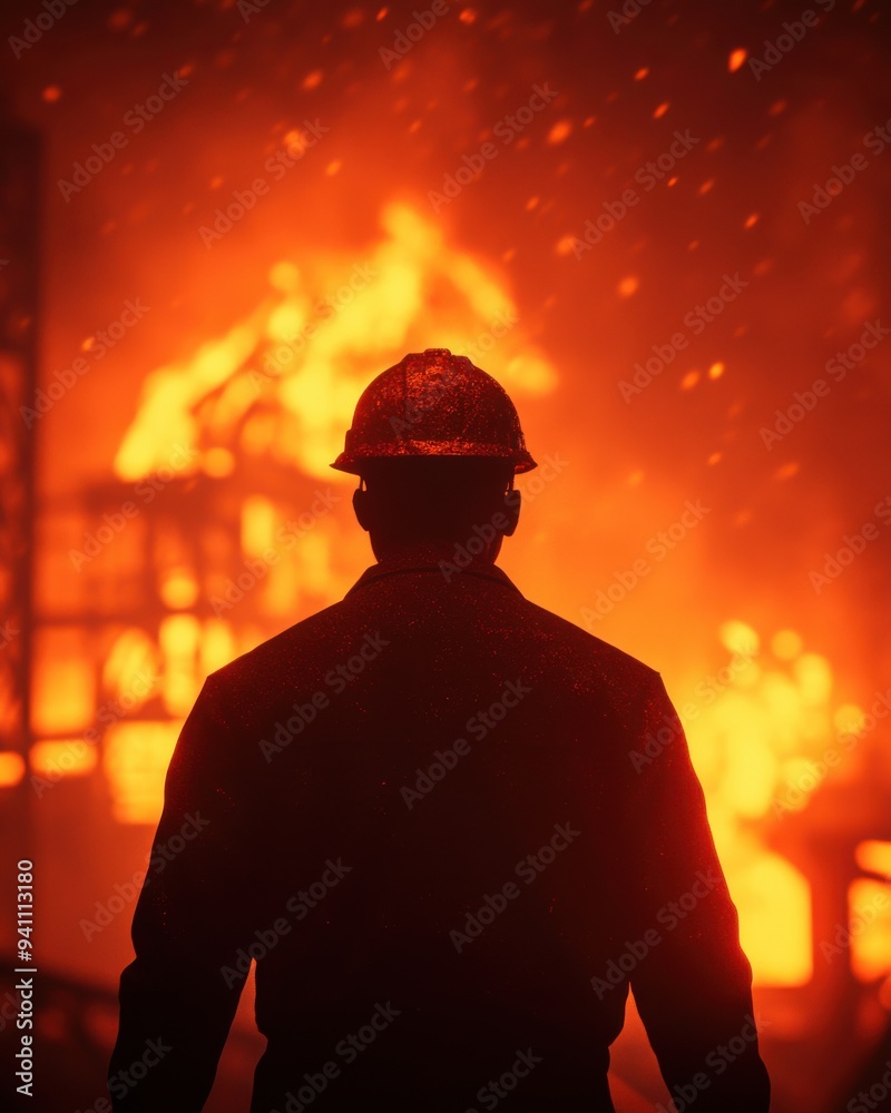 Silhouette of a firefighter against a backdrop of flames, symbolizing bravery and resilience in emergency situations. Silhouette of a firefighter against a backdrop of flames, symbolizing bravery and resilience in emergency situations.