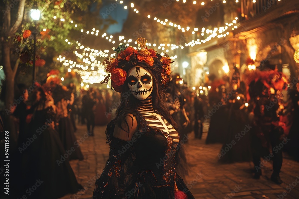 Obraz premium Day of the Dead celebration, vibrant altars adorned with marigolds and candles, people dressed in elaborate costumes, festive atmosphere blending joy with remembrance.