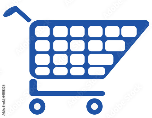 Supermarket shopping cart blue icon cut out on transparent. Purchase symbol