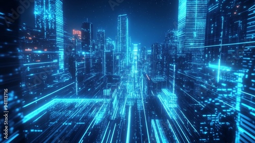 Abstract view of a futuristic city with glowing blue neon lights and networks of buildings #941113716