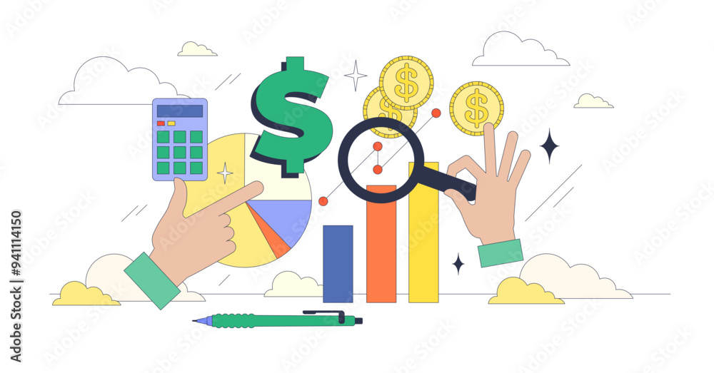 Financial statement analysis and profit forecasting tiny neubrutalism concept, transparent background. Professional accountant and business auditor examining financial situation. Financial statement analysis and profit forecasting tiny neubrutalism concept, transparent background. Professional accountant and business auditor examining financial situation.