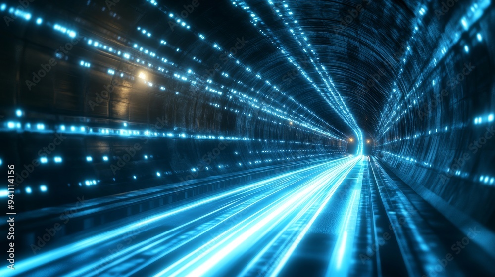 Fast movement of glowing lines in a tunnel, creating the effect of high-speed flow and future technologies