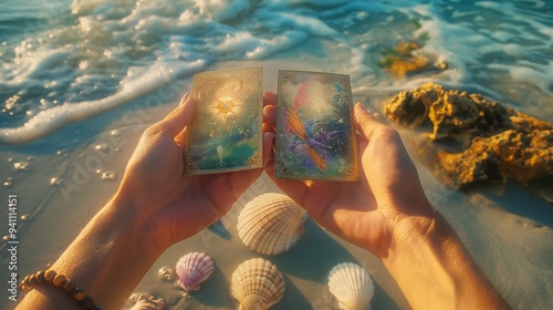 Hands holding ornate tarot cards on a beach, surrounded by seashells, evoking a mystical and spiritual connection with nature. photo