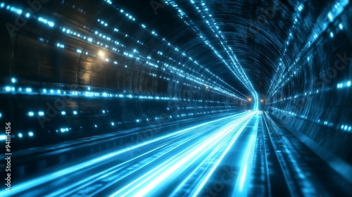 Fast movement of glowing lines in a tunnel  creating the effect of high-speed flow and future technologies