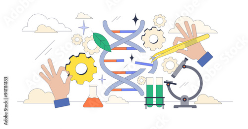 Genetic engineering as DNA sequencing and editing tiny neubrutalism concept, transparent background. Biotechnological process with gene cloning and research illustration.