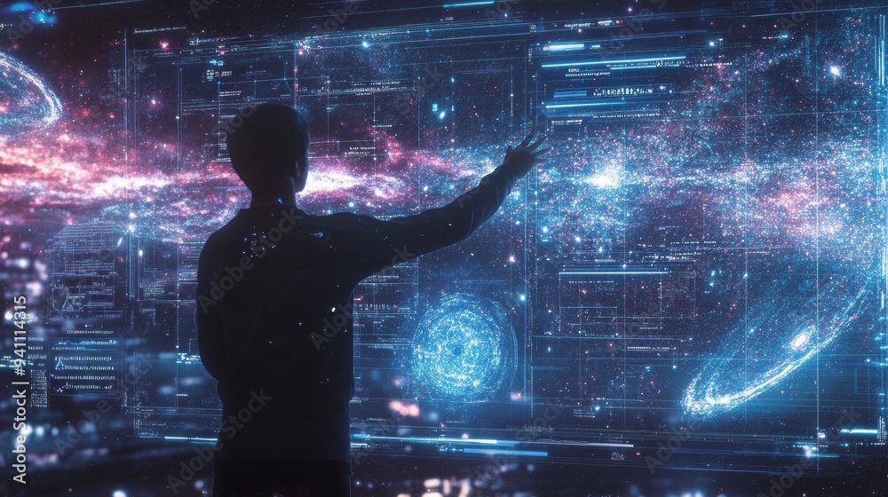 A person engaged with a holographic cosmic interface in a futuristic environment A person engaged with a holographic cosmic interface in a futuristic environment
