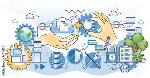 Managed cloud services with upload or storage servers outline hands concept, transparent background. Information and file management using safe transfer and encryption for privacy illustration.