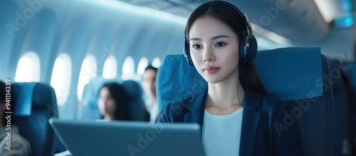 Woman in Headphones Looking at a Laptop on an Airplane photo