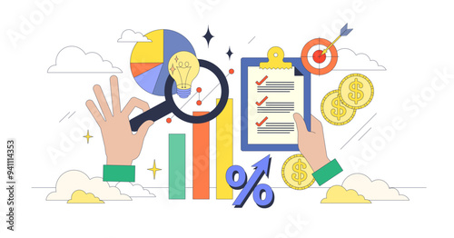 Market analysis and information research tiny person neubrutalism concept, transparent background. Finance graphic and data about business development and growth illustration.