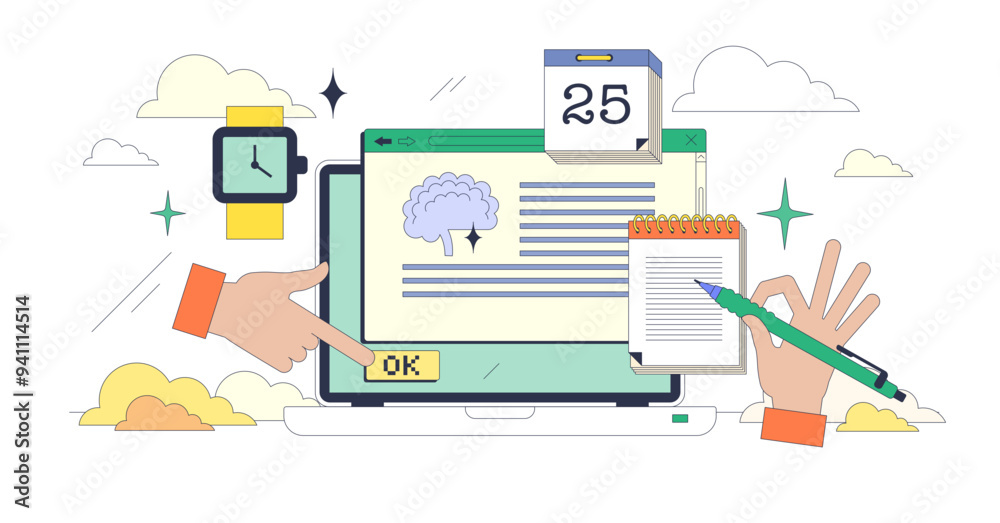 Online psychology classes to learn about thinking tiny neubrutalism concept, transparent background. Psychologist occupation course in university website with remote seminars. Online psychology classes to learn about thinking tiny neubrutalism concept, transparent background. Psychologist occupation course in university website with remote seminars.