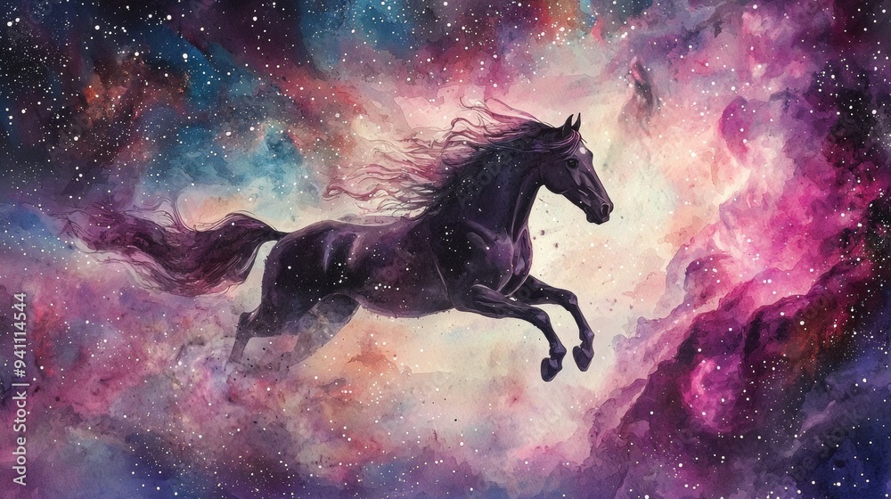 A majestic horse leaps through a vibrant cosmic space filled with stars and colorful nebulas, capturing the essence of fantasy. A majestic horse leaps through a vibrant cosmic space filled with stars and colorful nebulas, capturing the essence of fantasy.
