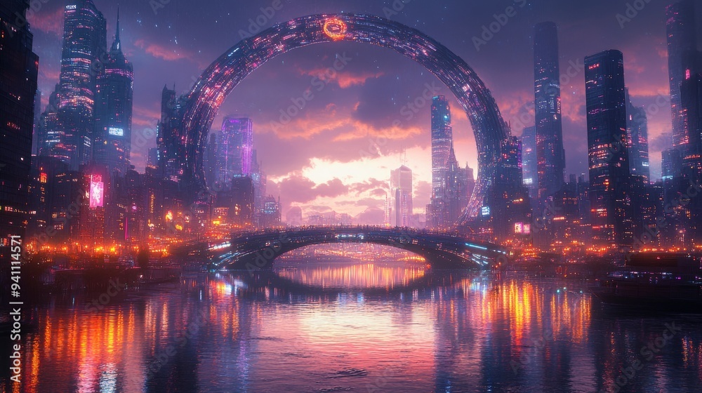 Futuristic city with a giant arch over the river, reflected in the water against the sunset Futuristic city with a giant arch over the river, reflected in the water against the sunset