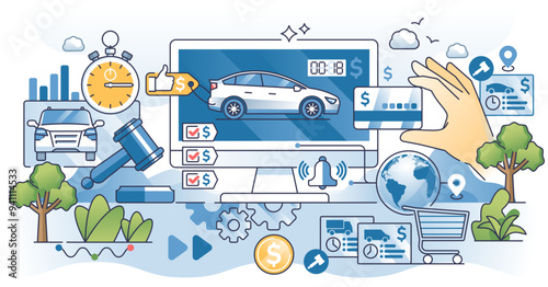 Online car auction on digital vehicle sale platform outline hands concept, transparent background. Using e-auction website to buy new or used car for cheaper price illustration.