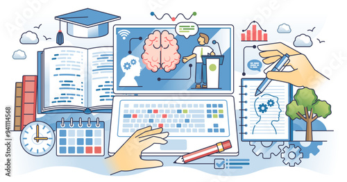 Online psychology class for psychologist studies outline hands concept, transparent background. Professional mind processes, thinking patterns and behavior research illustration.