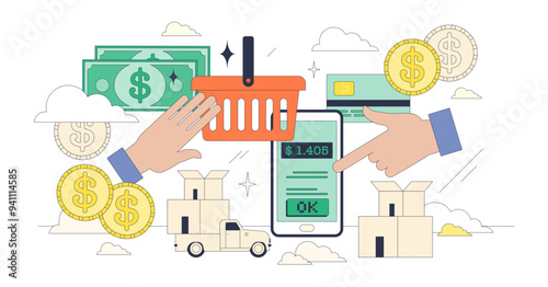 Online retail and shopping in digital store tiny person neubrutalism concept, transparent background.Web shop on internet with best offers illustration.