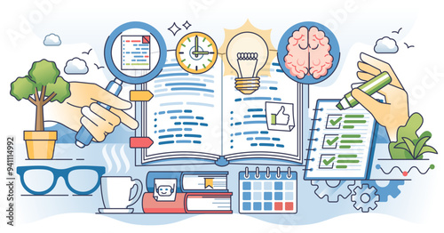 Study techniques for effective and productive learning outline hands concept, transparent background. Strategy for active studying in university or school illustration.