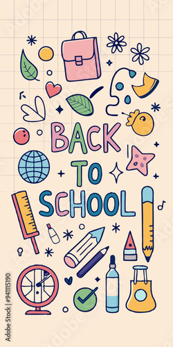  A fun and colorful illustration of school supplies and elements, perfect for adding a touch of whimsy to your back-to-school projects. This graphic is ideal for kids' products.
