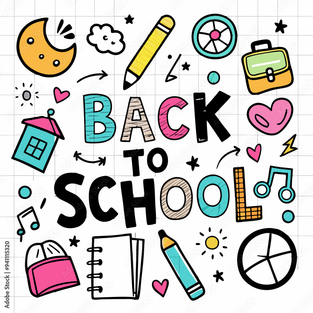 A fun and colorful back to school illustration with doodles of pencils, books, hearts, and other school supplies. Perfect for adding a touch of whimsy to your back-to-school projects. A fun and colorful back to school illustration with doodles of pencils, books, hearts, and other school supplies. Perfect for adding a touch of whimsy to your back-to-school projects.