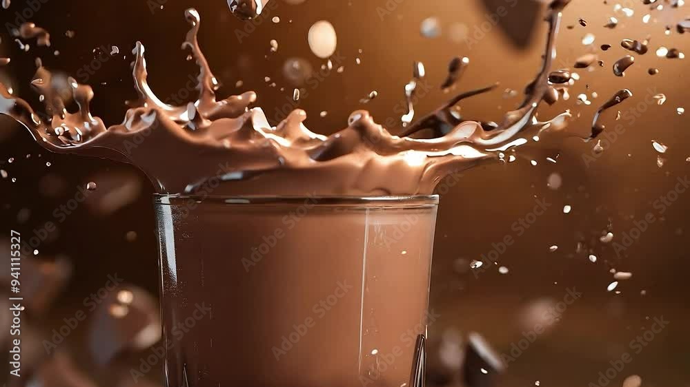 Close up glass of chocolate milk pouring, Pouring chocolate milk into a glass	