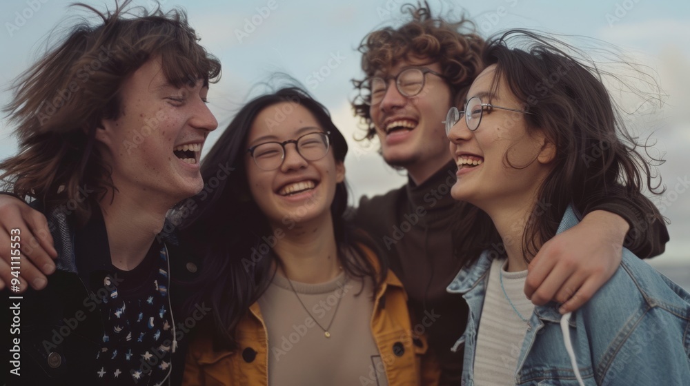 Fototapeta premium A group of four friends sharing joyous laughter outdoors, showcasing their close bond and the blissful moments of youth and friendship.
