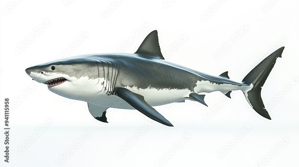 A great white shark with its mouth open, swimming in a white background.