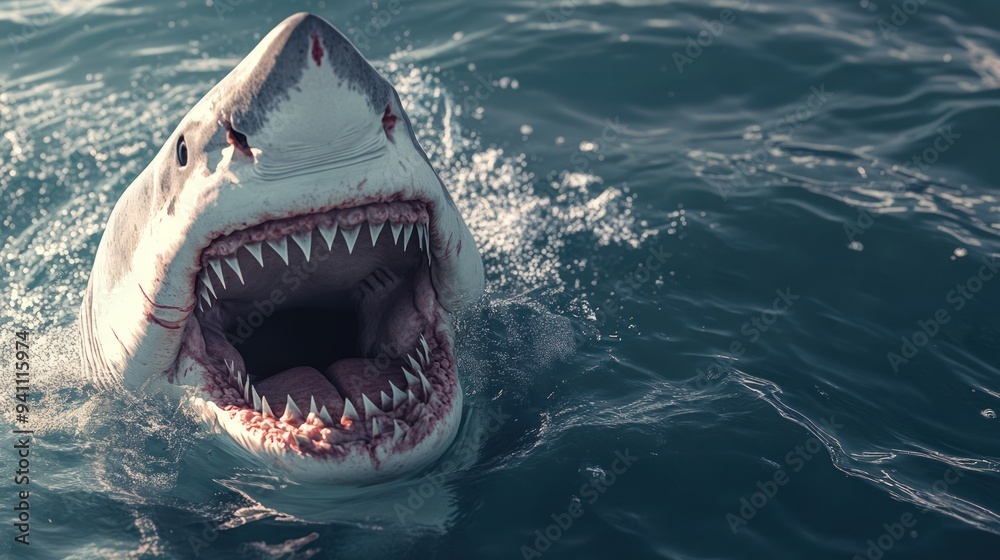 Fototapeta premium A great white shark with its mouth open, showing its sharp teeth, in the water.